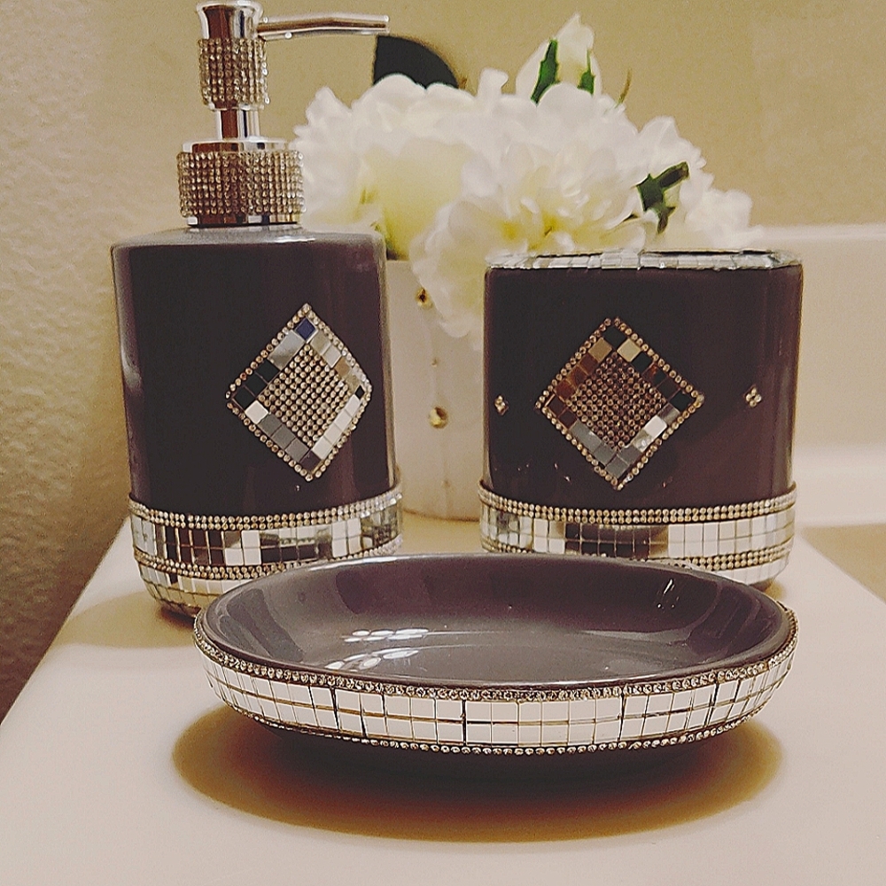 3 Piece Grey Bling Ceramic Bathroom Set